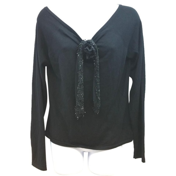 NAEEM KHAN EMBELLISHED TRIM BLACK KNIT TOP